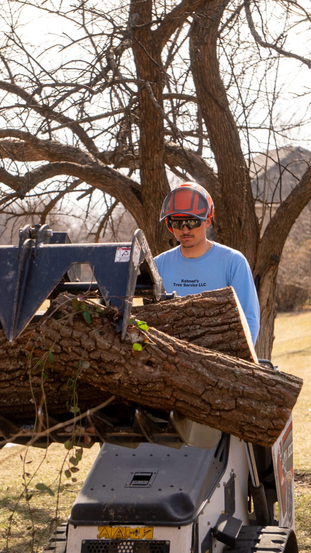 Kohnen's Tree Service crew grinding an old tree stump down below grade with a stump grinder