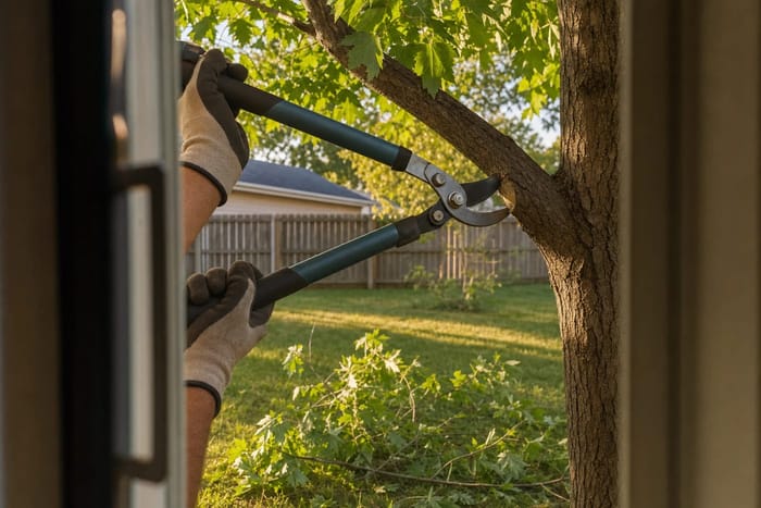 Homeowner making a clean bypass-lopper cut just outside the branch collar on a low maple limb in a Wichita, KS backyard
